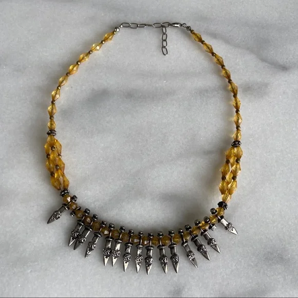 VINTAGE β’ Bohemian Vamp Spiked Beaded Necklace Hippie Savage Yellow Silver Tone - Picture 1 of 8